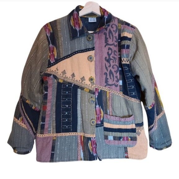 Parsley & Sage brown green long-sleeved Button-down asymmetrical patchwork coat - Picture 1 of 9